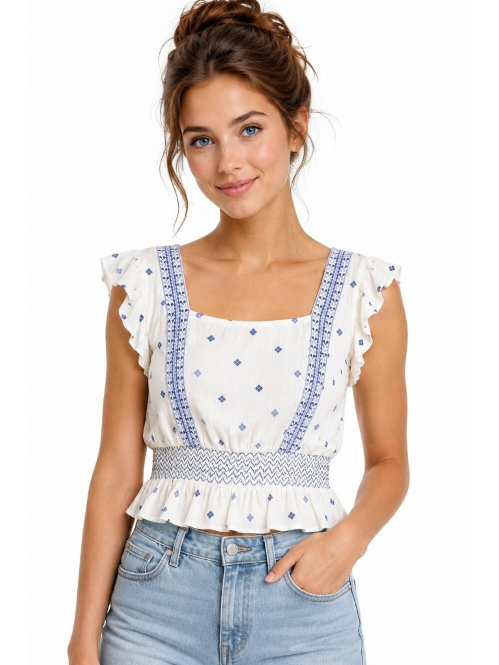 in Loom White Blue Embroidered Smocked Ruffle Crop Top Sz S Boho Cottagecore